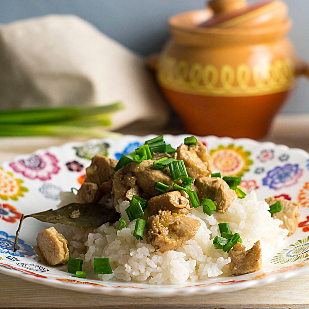 chicken adobo with rice and green onions